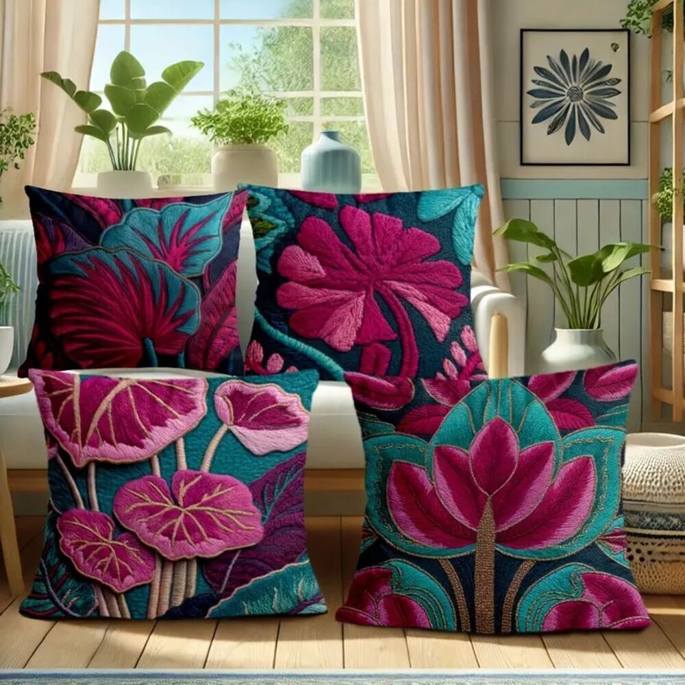 Set of 4 Floral Multicolor Linen Pillow Cases Decor Tropical Coastal Summer